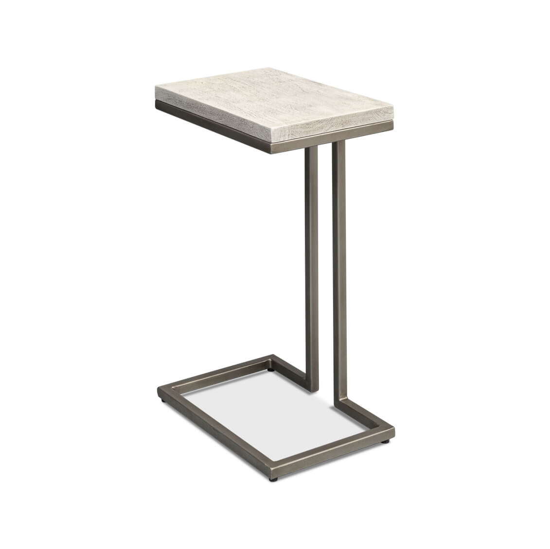 Modernist accent table, side angle, sleek metal frame.
