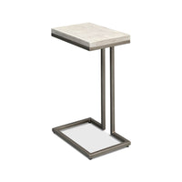 Modernist accent table, side angle, sleek metal frame.