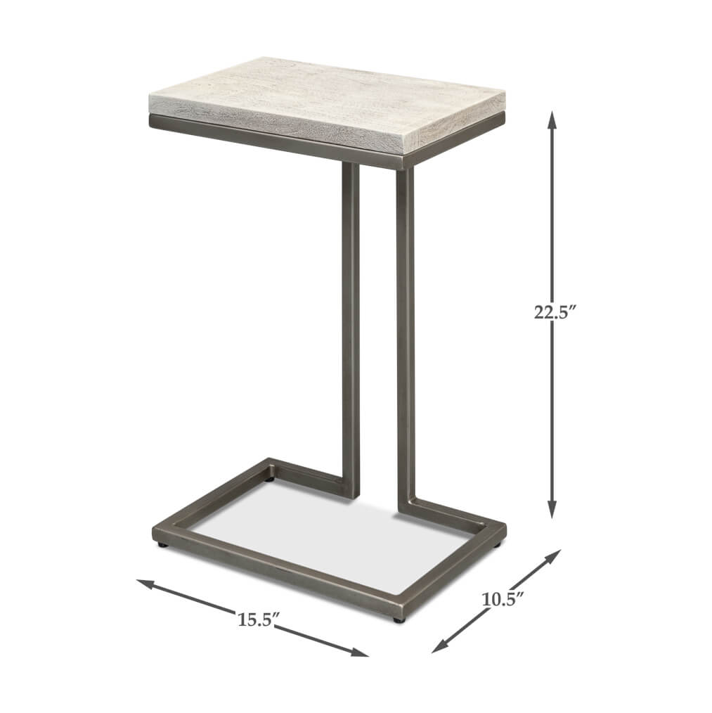 Modernist accent table, with dimensions, compact size.