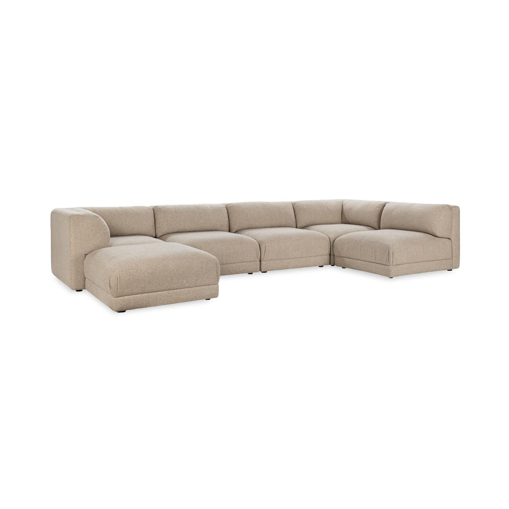 Angled front view of beige six-piece modular sectional arranged in a broad U shape