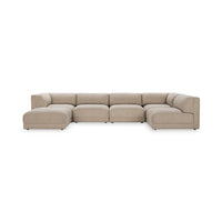 Front view of beige modular sectional with broad cushions and extended seating at both ends