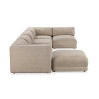 Side view of beige modular sectional showing deep upholstered seats and a low square arm