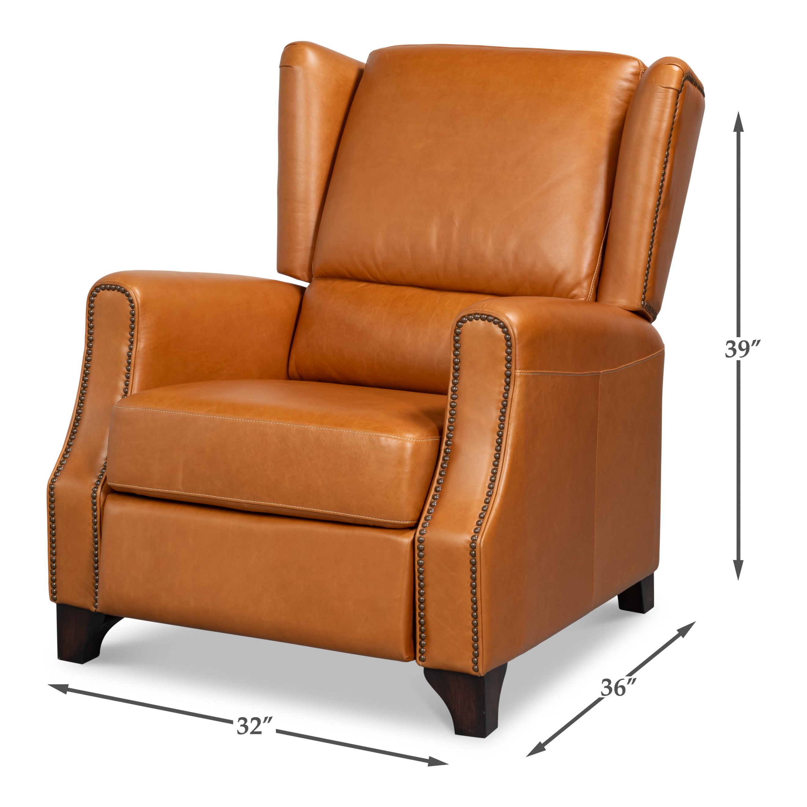 Dimension drawing for Mulberry Brown Leather Recliner with Nailhead Trim