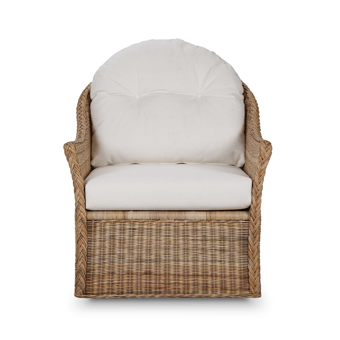 Straightfront view of rattan swivel chair.