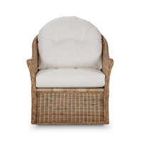 Straightfront view of rattan swivel chair.