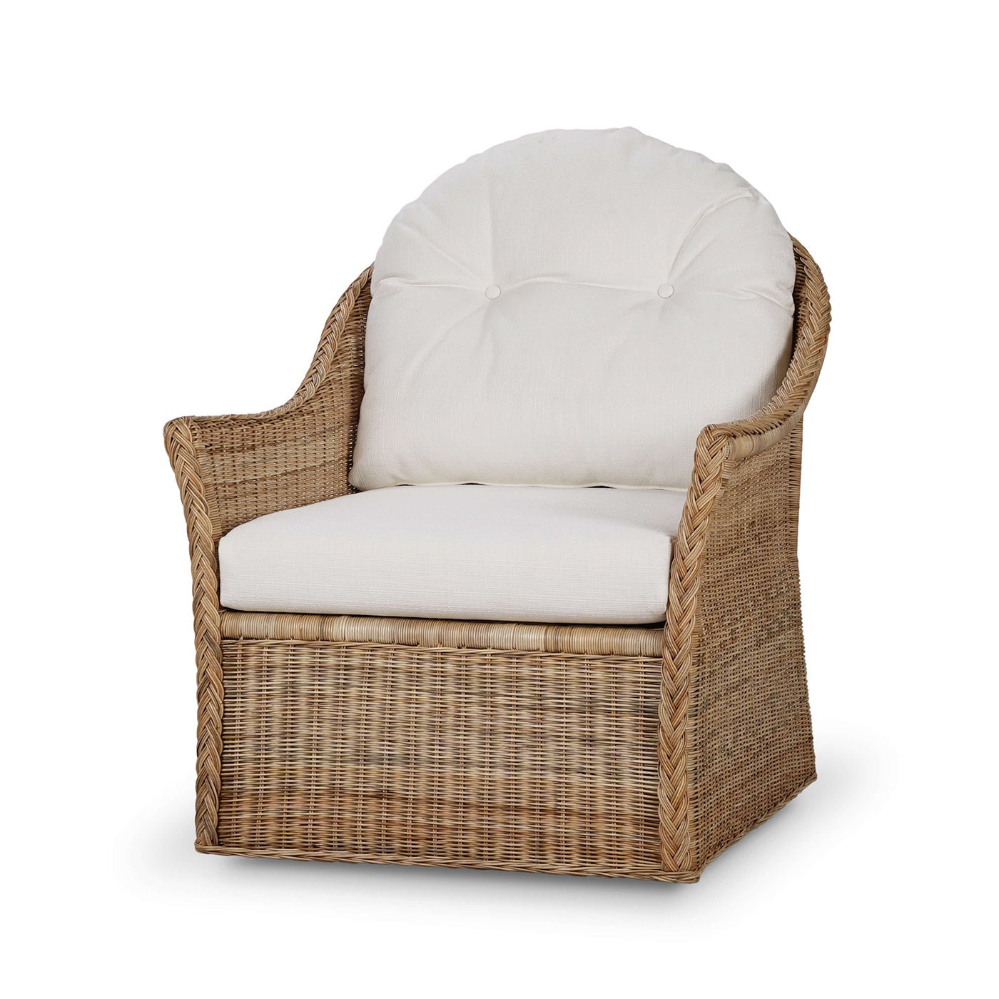 Rattan swivel chair with white cushions, front view.