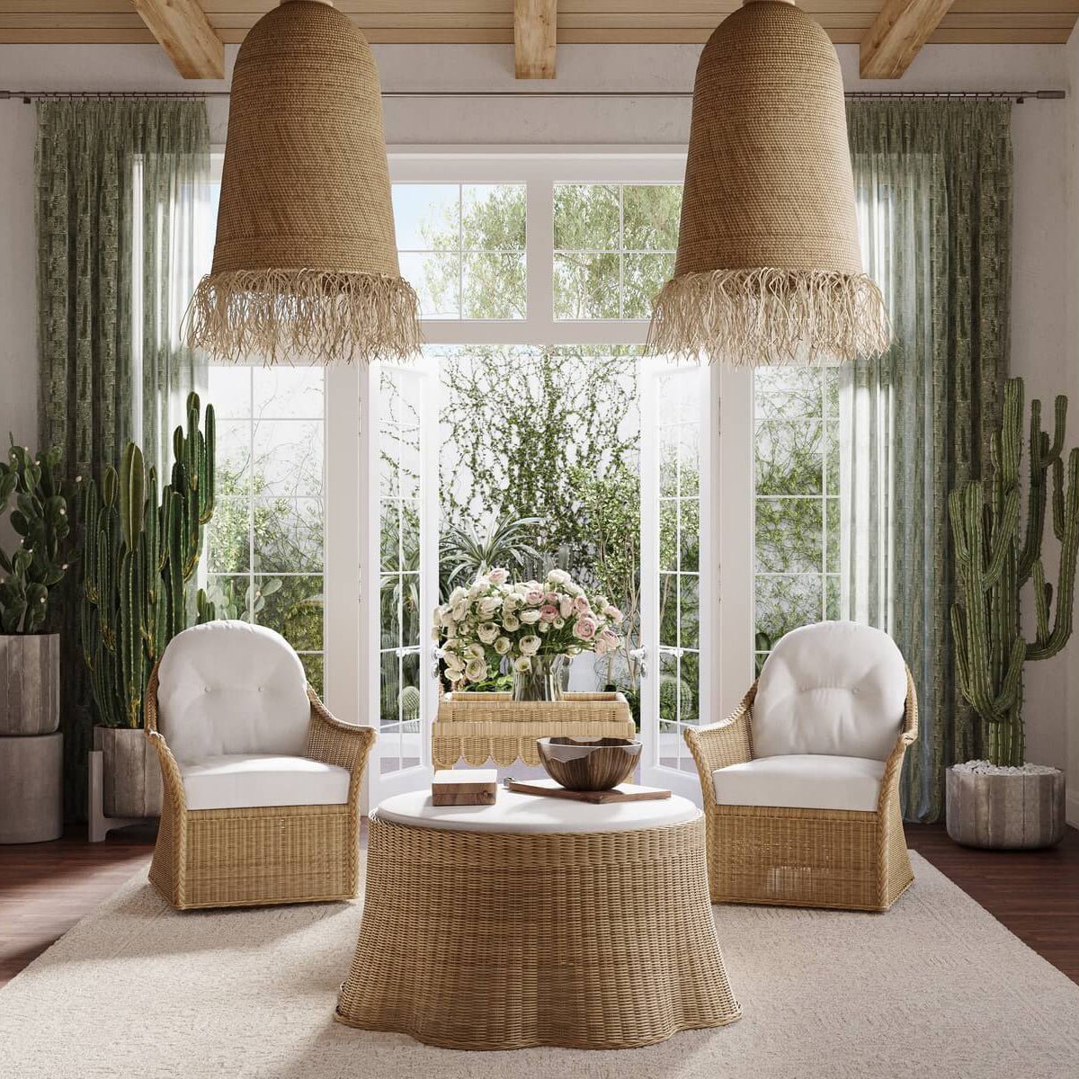 Room setup with rattan swivel chairs and table ensemble.