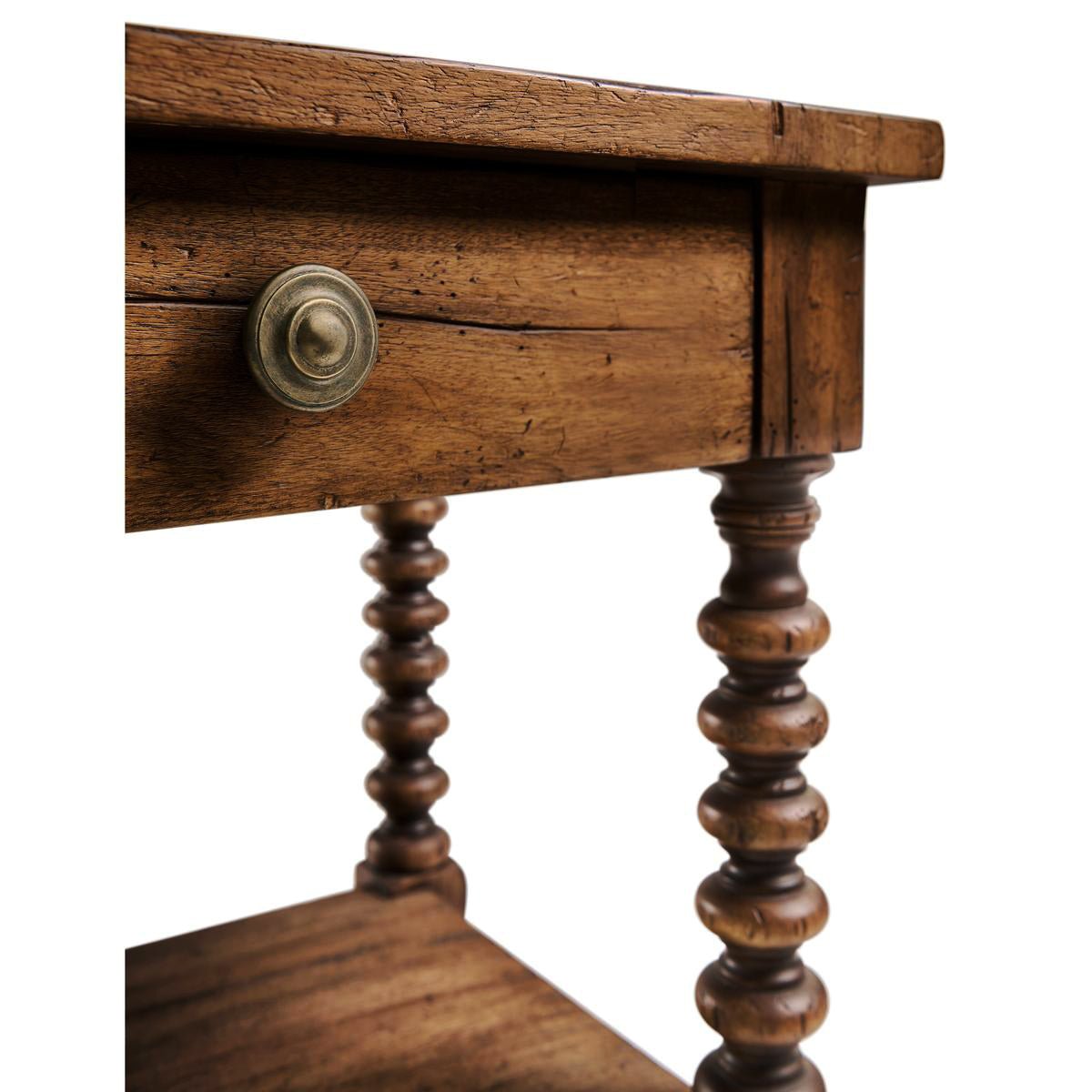 Close-up of rustic nightstand drawer and knob.