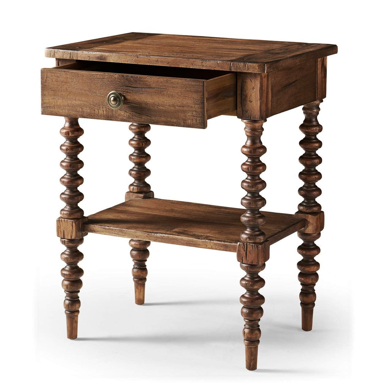 Rustic nightstand with open drawer revealing interior.