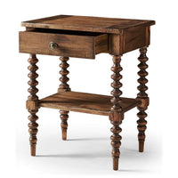 Rustic nightstand with open drawer revealing interior.