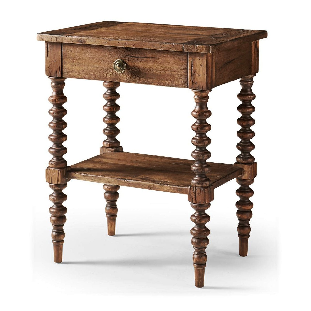 Rustic nightstand with drawer and bobbin-turned legs.