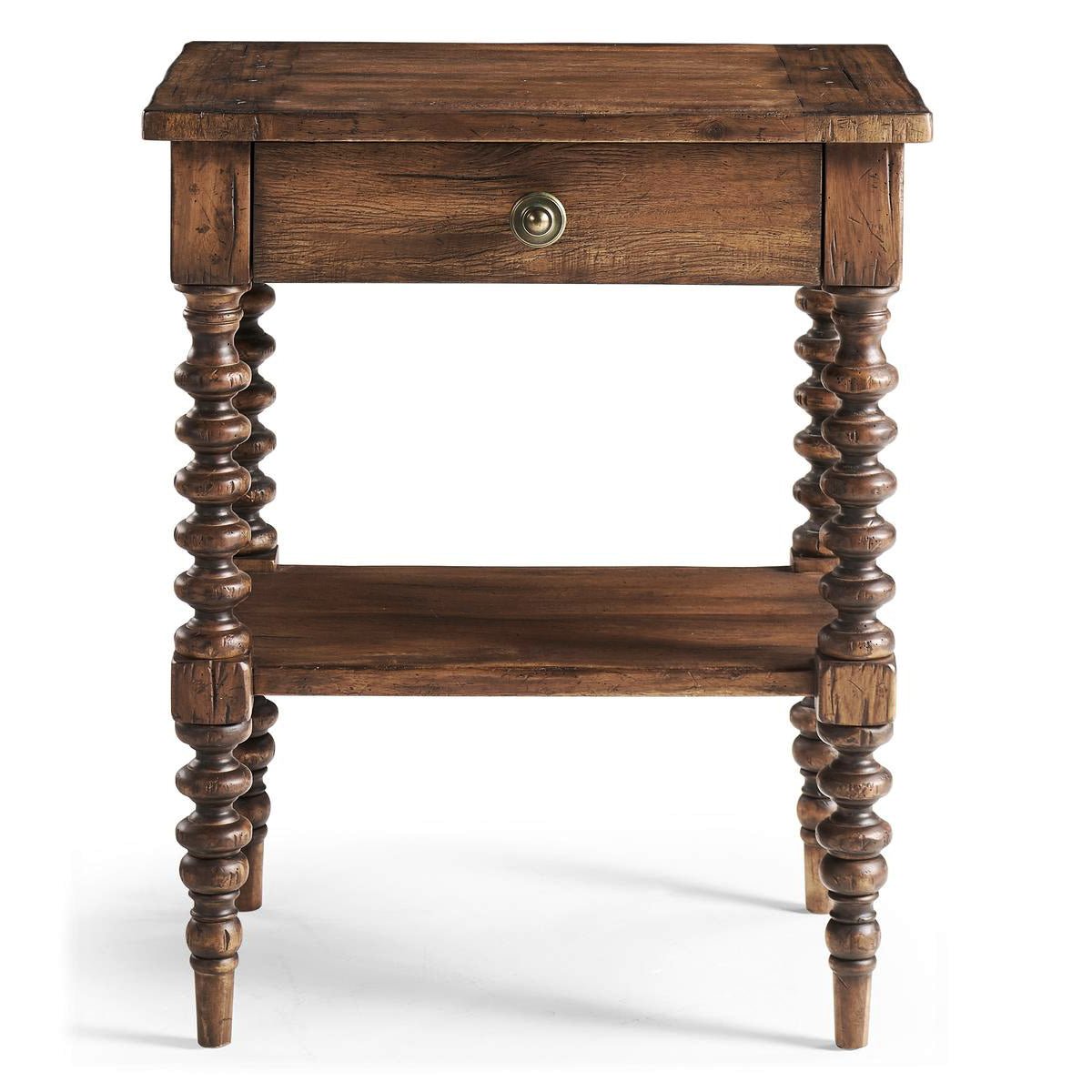 Front view of rustic nightstand with lower shelf.