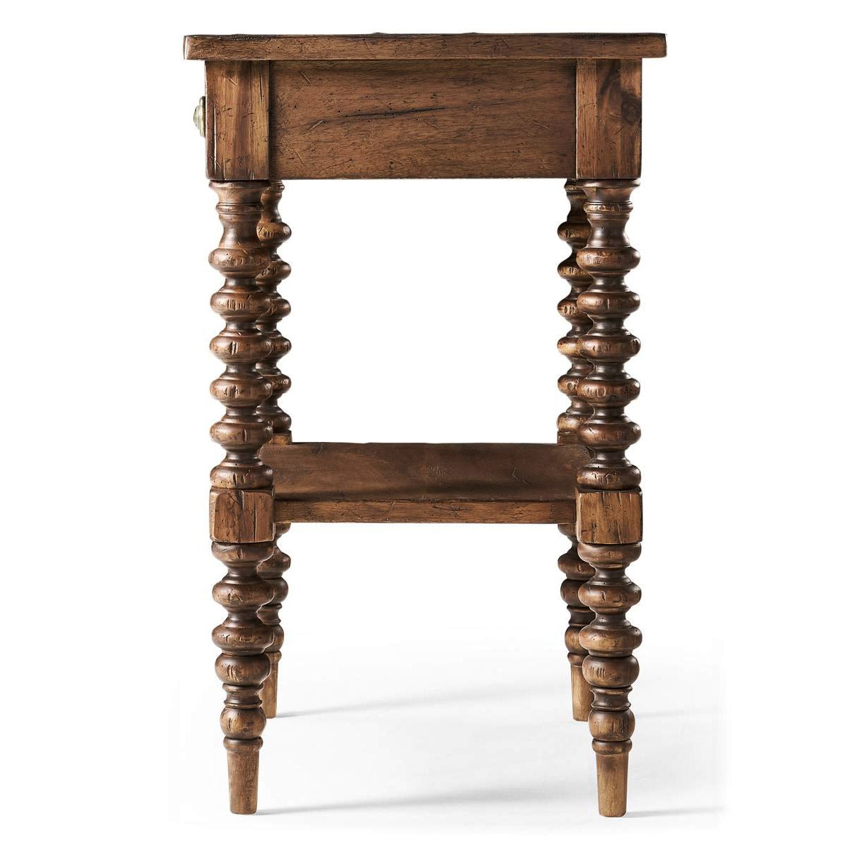 Side profile of rustic nightstand showcasing leg detail.
