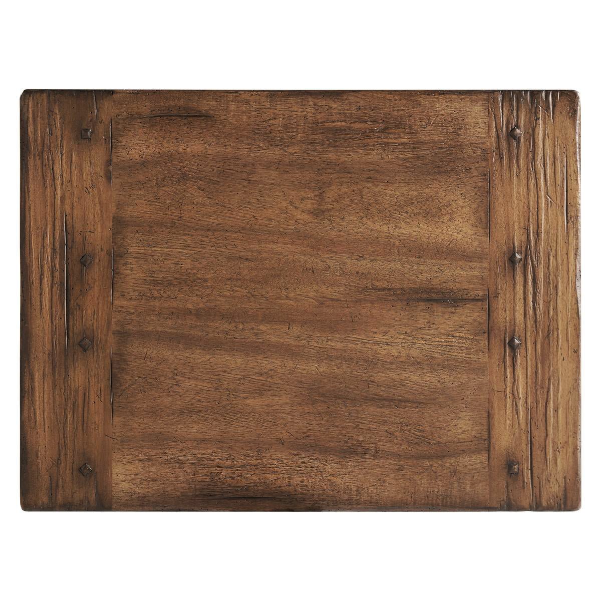 Top view of rustic nightstand wooden surface.