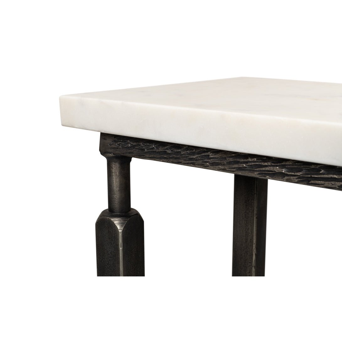 Marble top and leg connection of console table.
