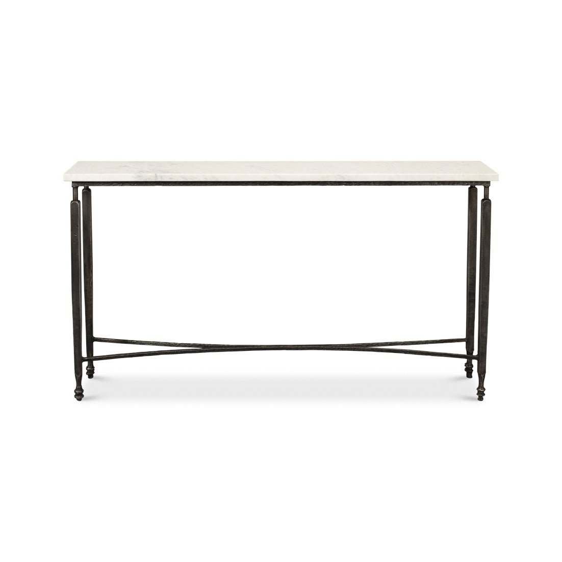 Front view of narrow minimalist marble console table.