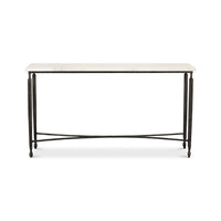 Front view of narrow minimalist marble console table.