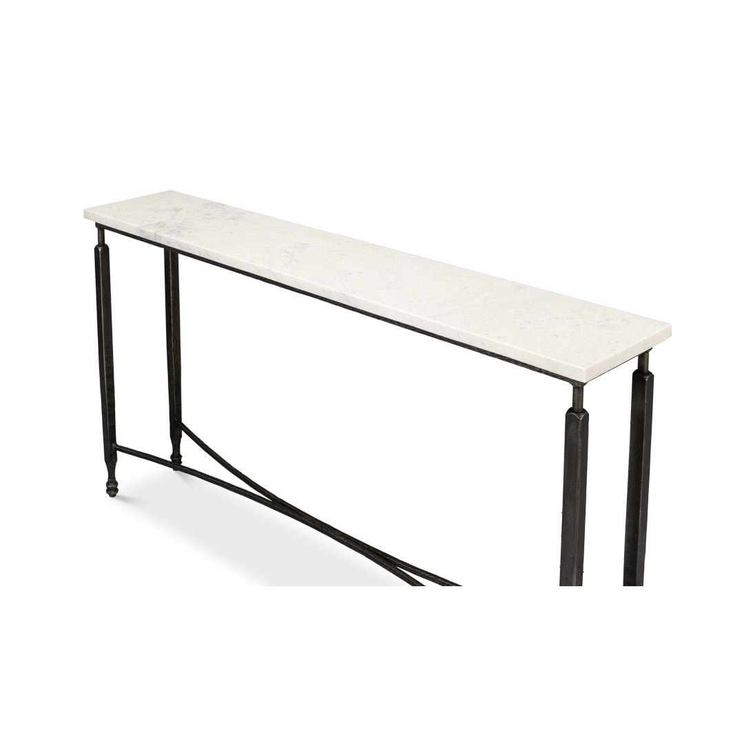 Close-up of marble console table surface and legs.