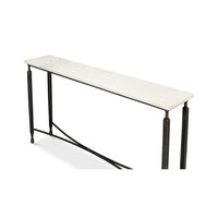 Close-up of marble console table surface and legs.