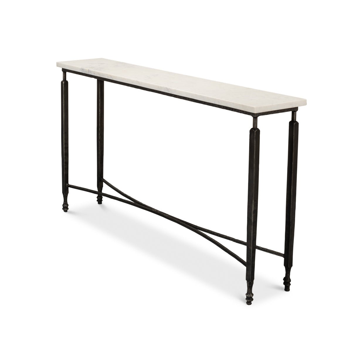 Marble console table, angled side perspective.