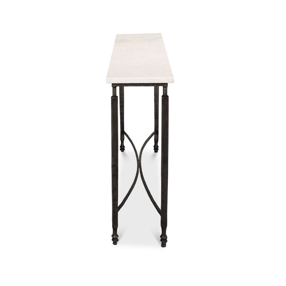 Side view showcasing console table's slender profile.