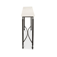 Side view showcasing console table's slender profile.