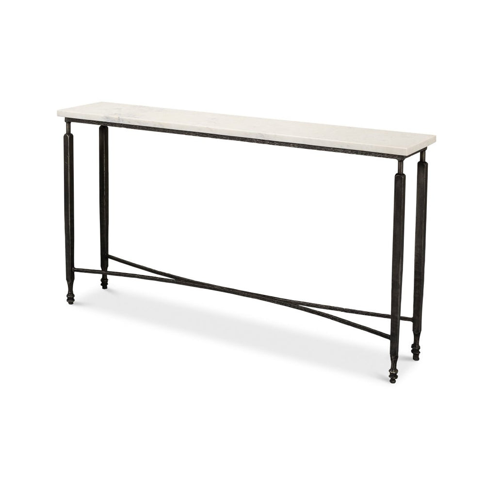 Narrow marble top console table, angled front view.