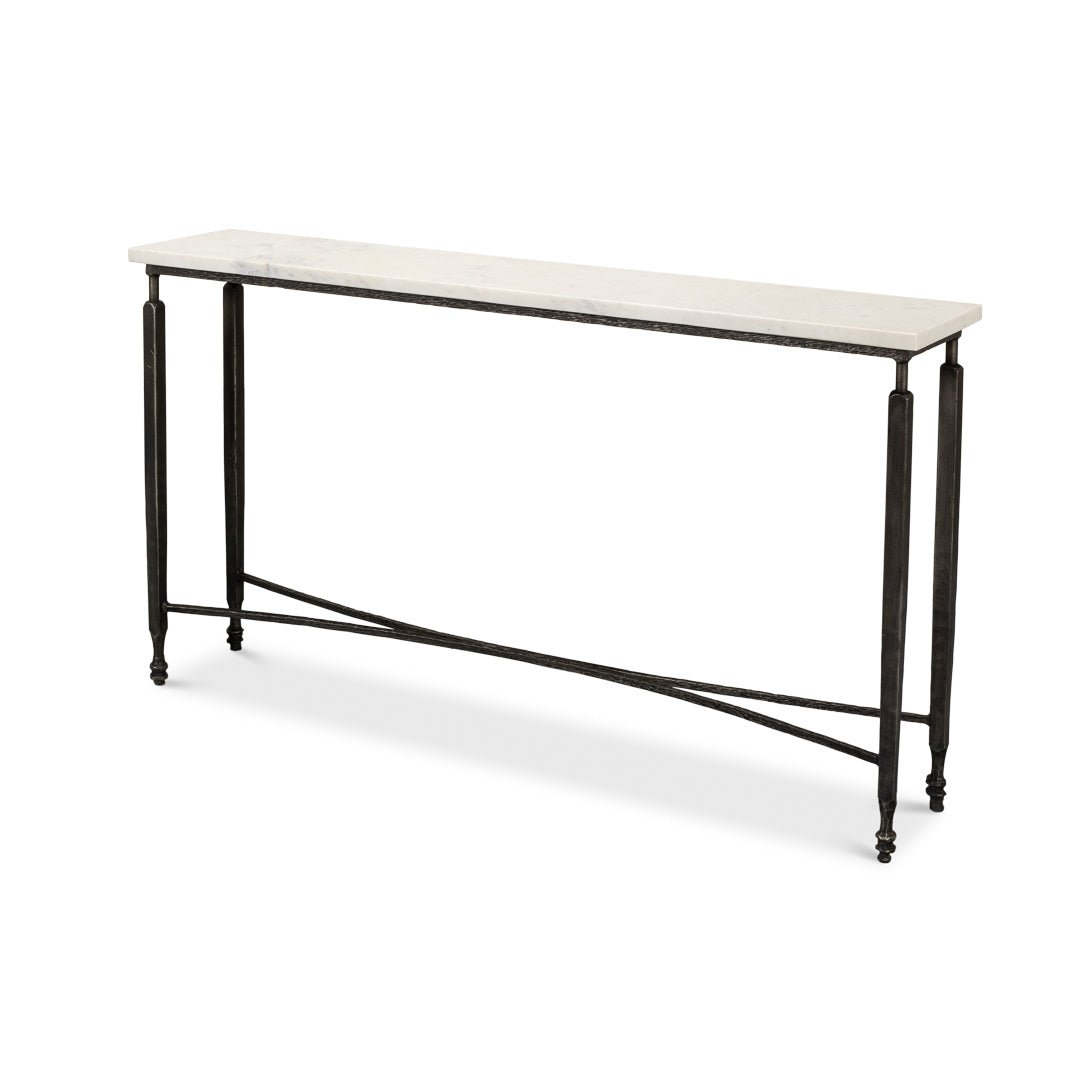 Narrow marble top console table, angled front view.