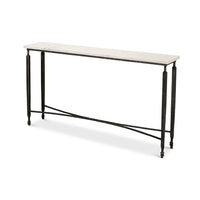 Narrow marble top console table, angled front view.