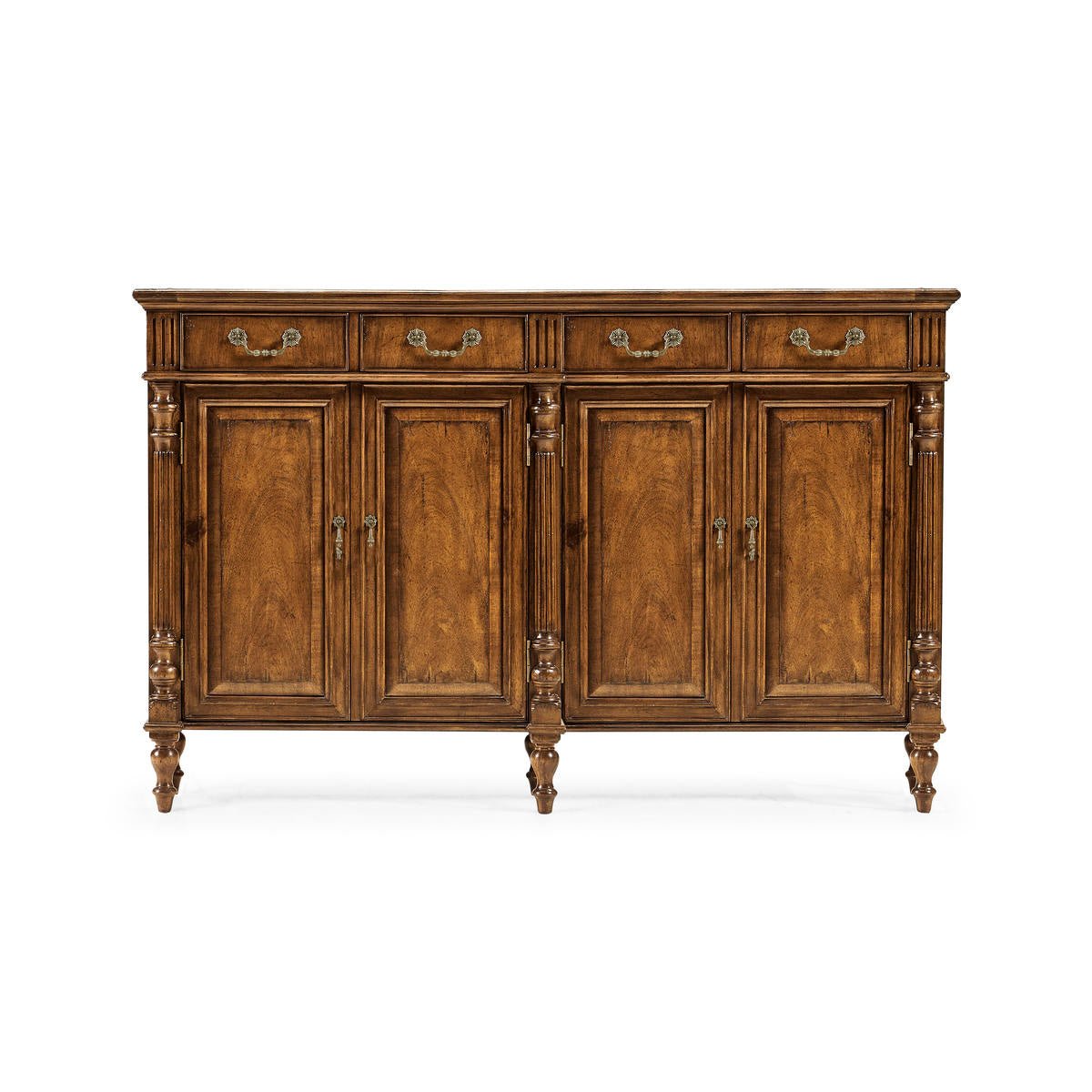 Full frontal view of walnut sideboard, ornate design.