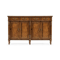 Full frontal view of walnut sideboard, ornate design.