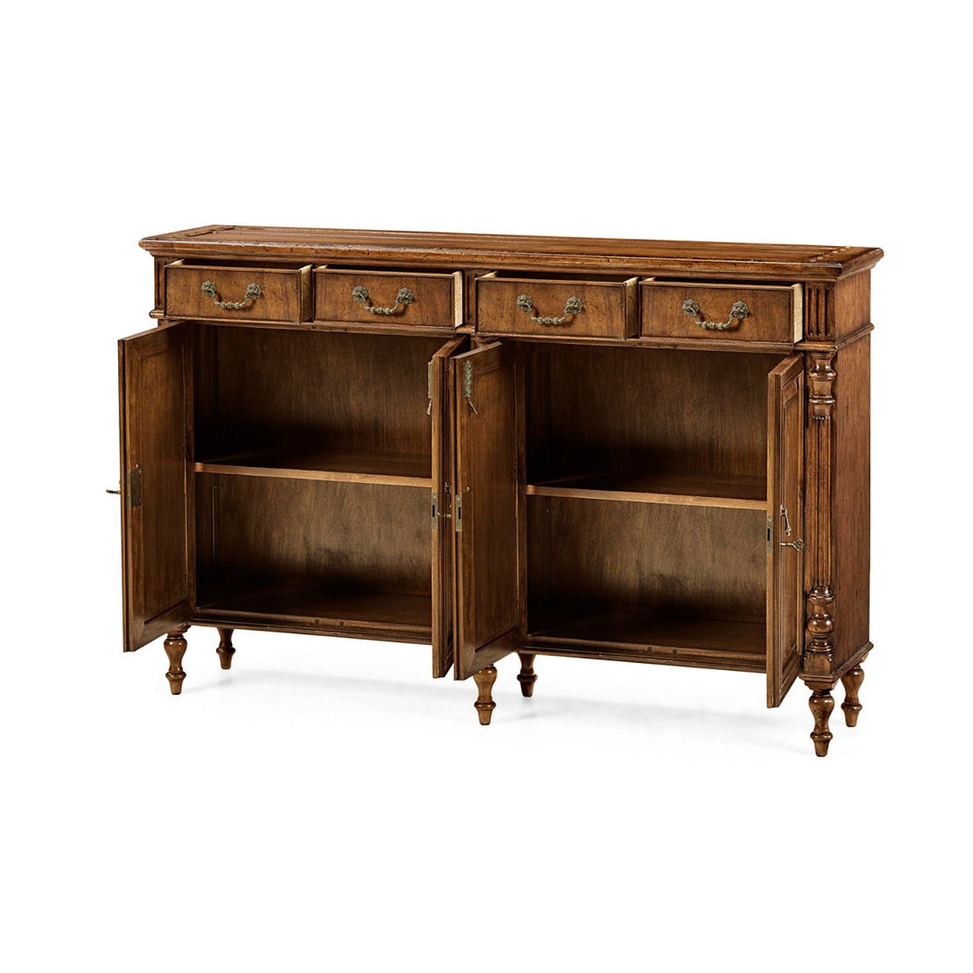 Open doors of walnut sideboard showing shelves.