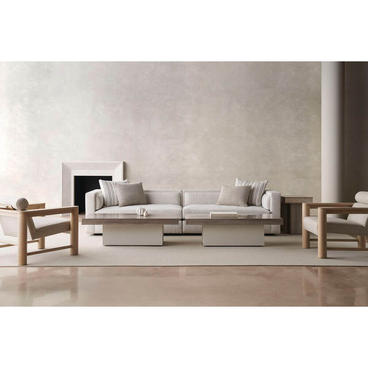 Living room setup featuring natural oak arm chairs.