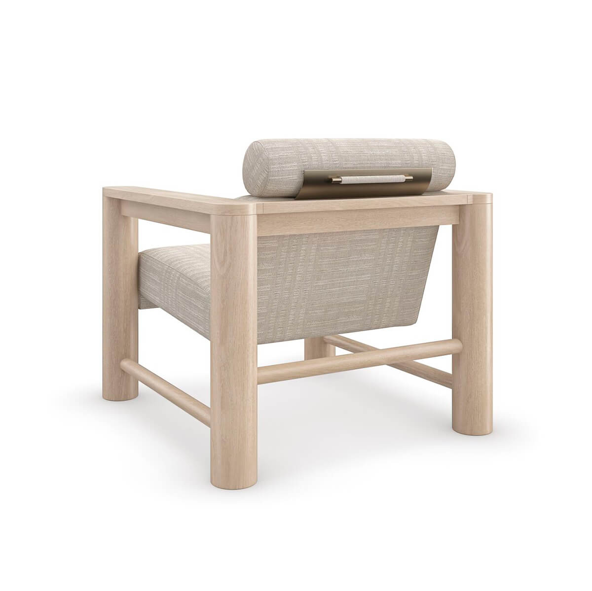 Back angled view showcasing natural oak arm chair.