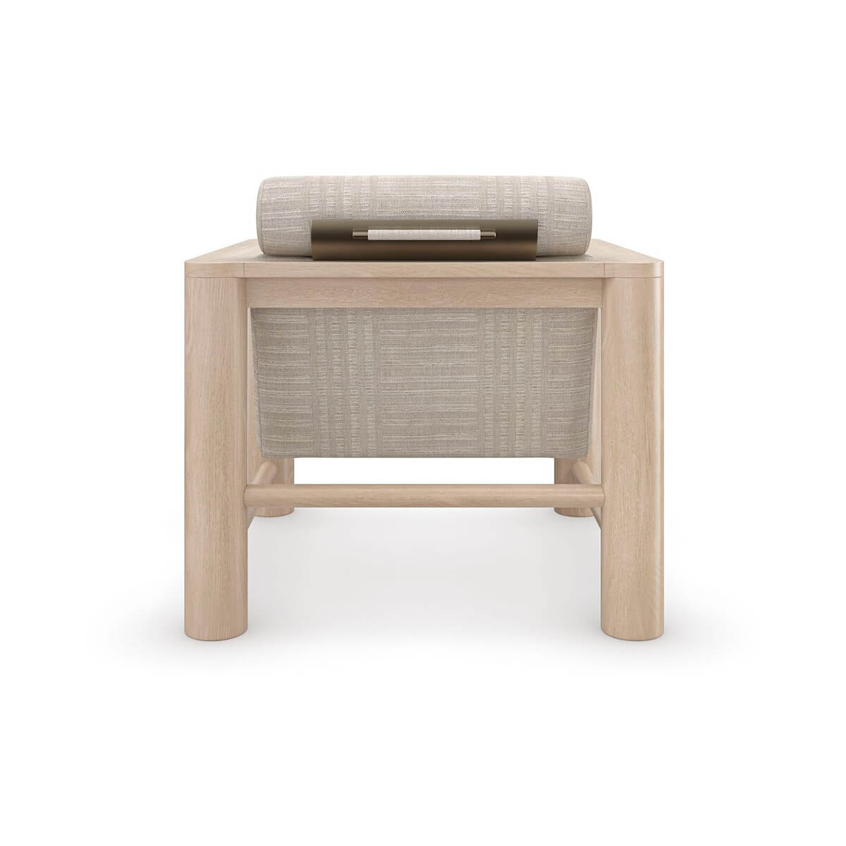 Rear view of natural oak arm chair with headrest.