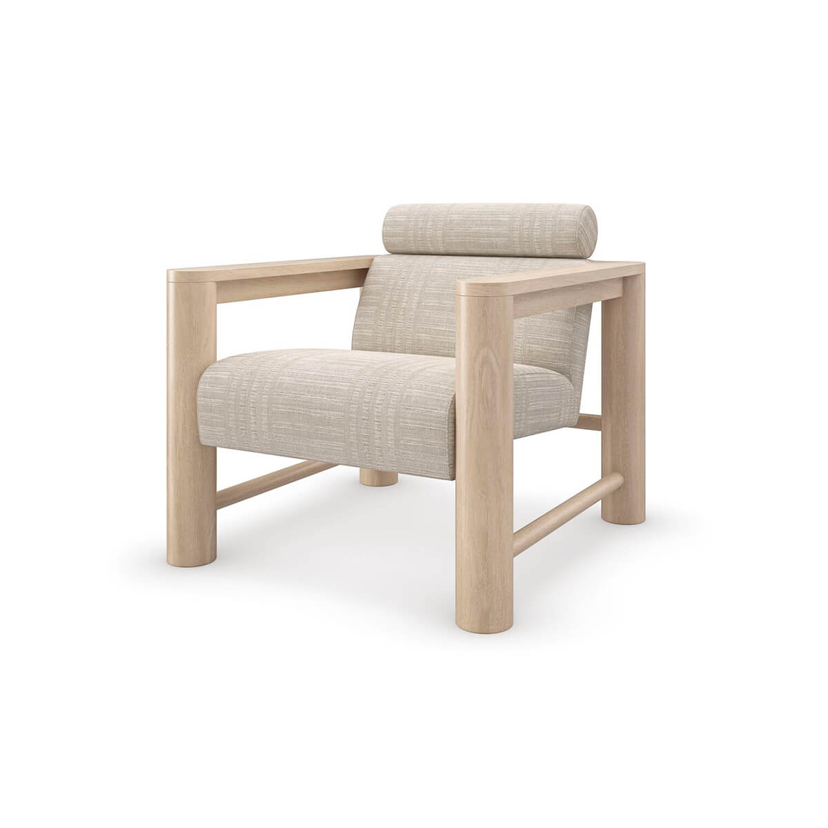 Natural oak arm chair angled view with cushion.
