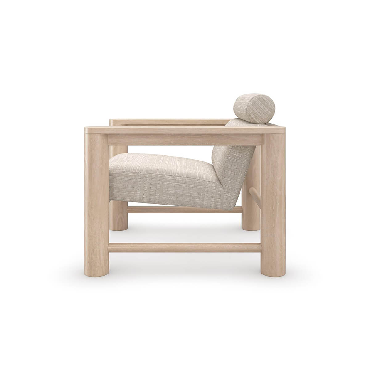 Side view of natural oak arm chair with bolster.