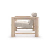 Side view of natural oak arm chair with bolster.