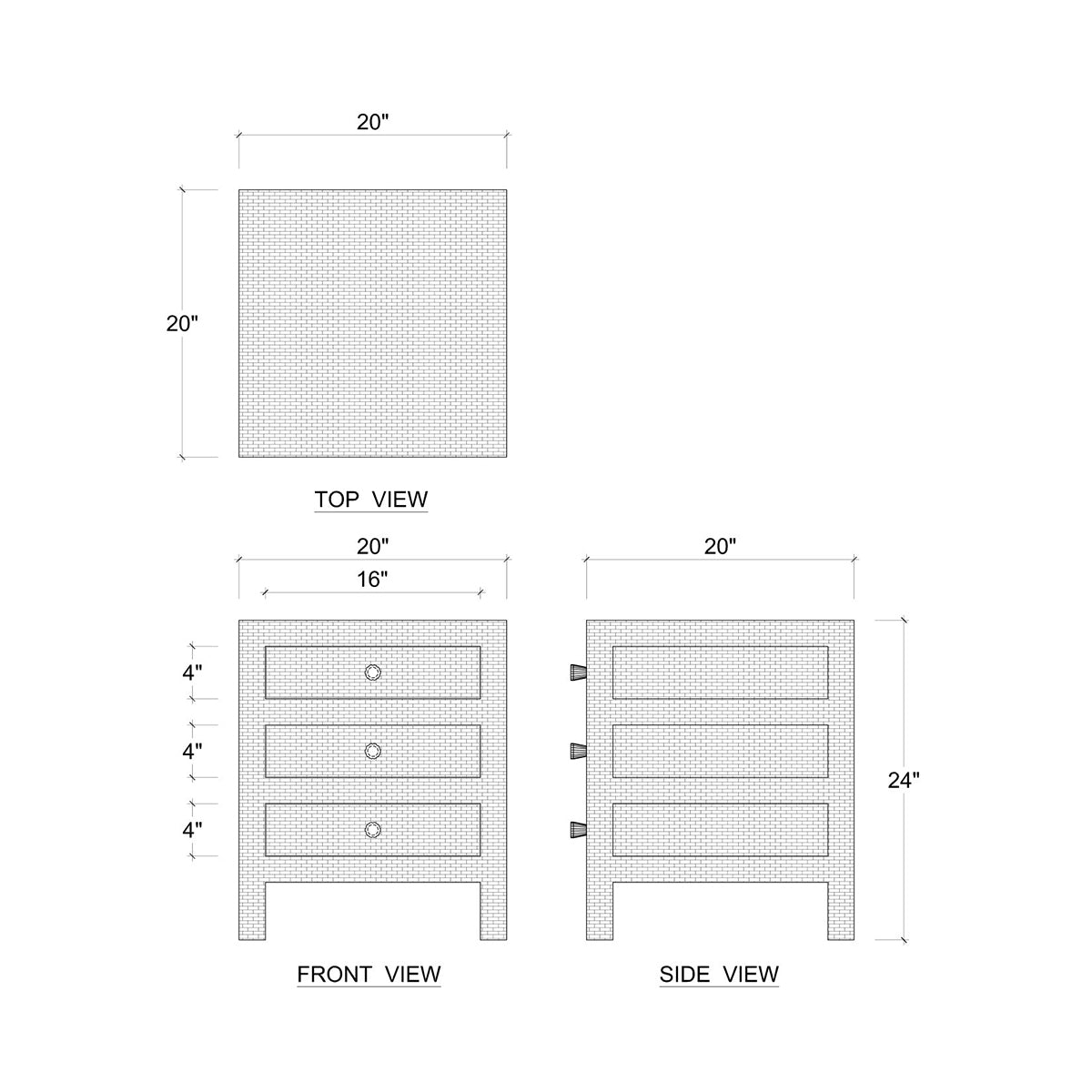 Diagram showing dimensions of rattan bedside table.