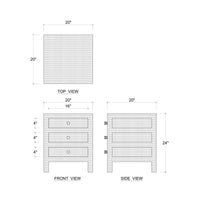 Diagram showing dimensions of rattan bedside table.