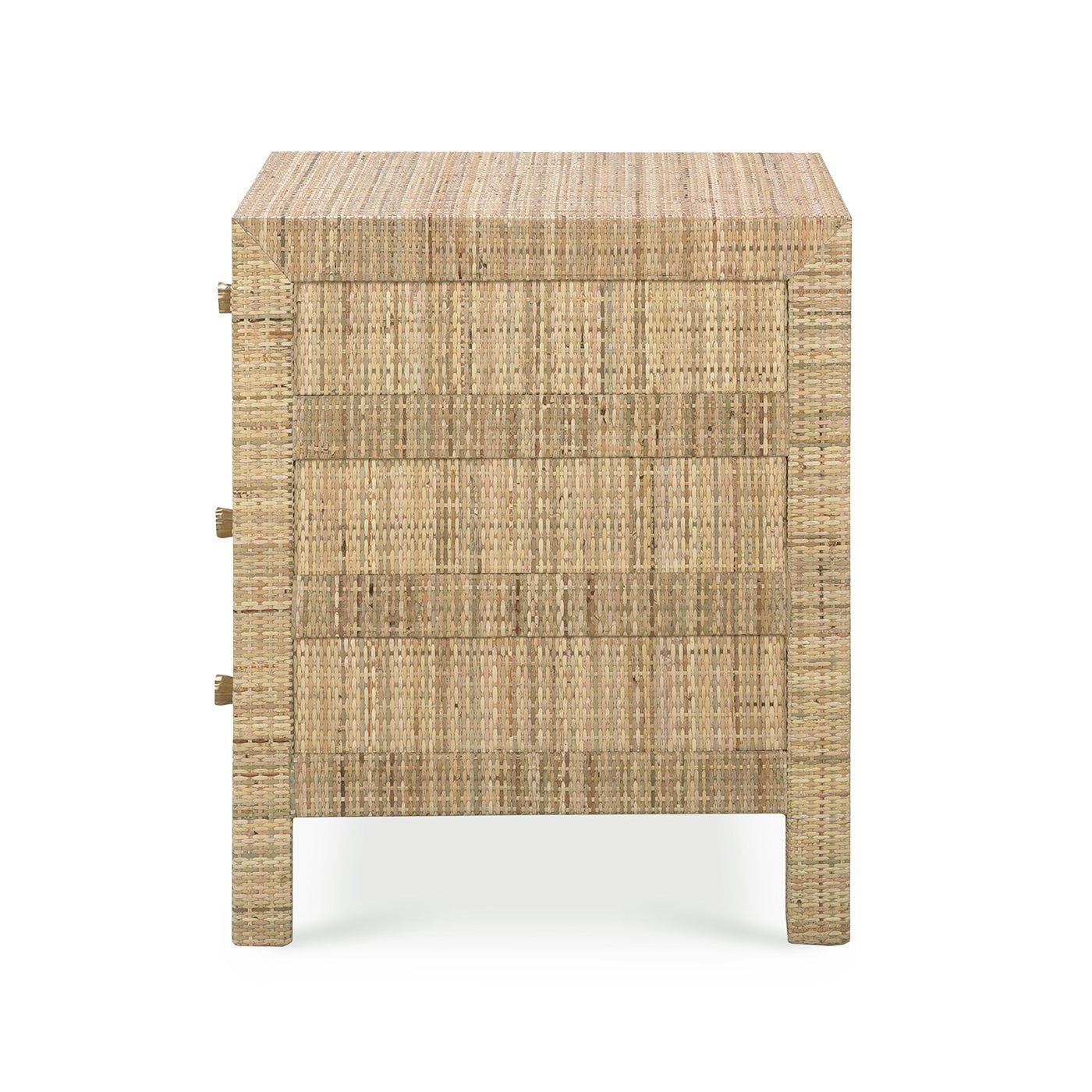 Side view of rattan bedside table.