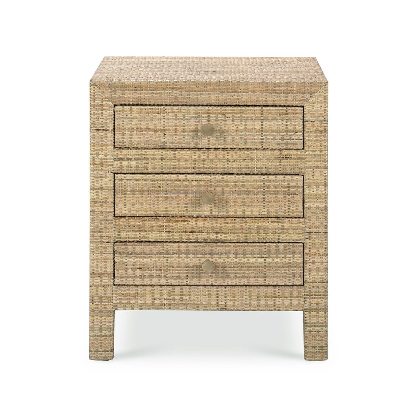 Front view of rattan bedside table, drawers closed.