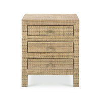 Front view of rattan bedside table, drawers closed.