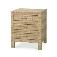 Rattan bedside table with three drawers, angled view.
