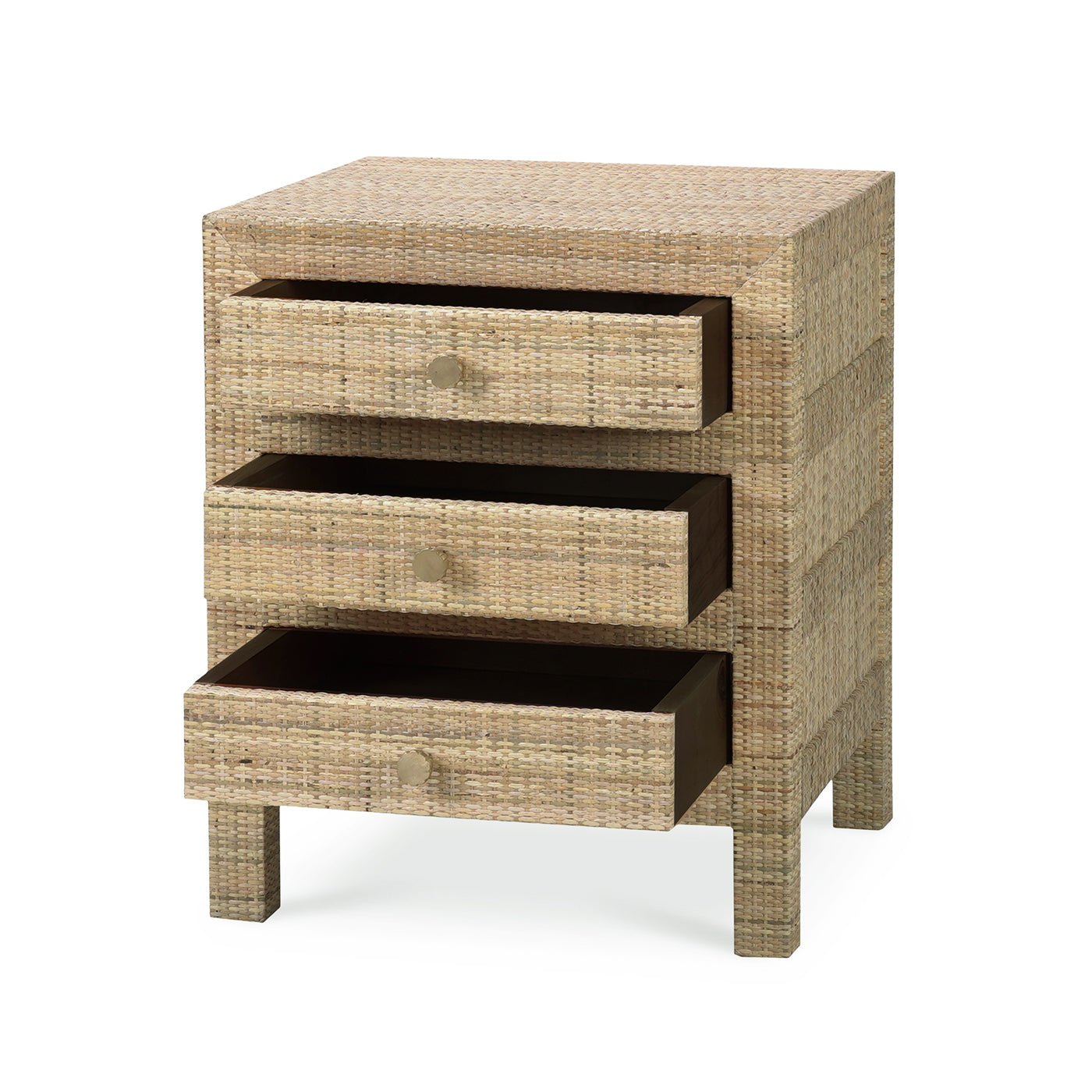 Rattan bedside table, two open drawers.