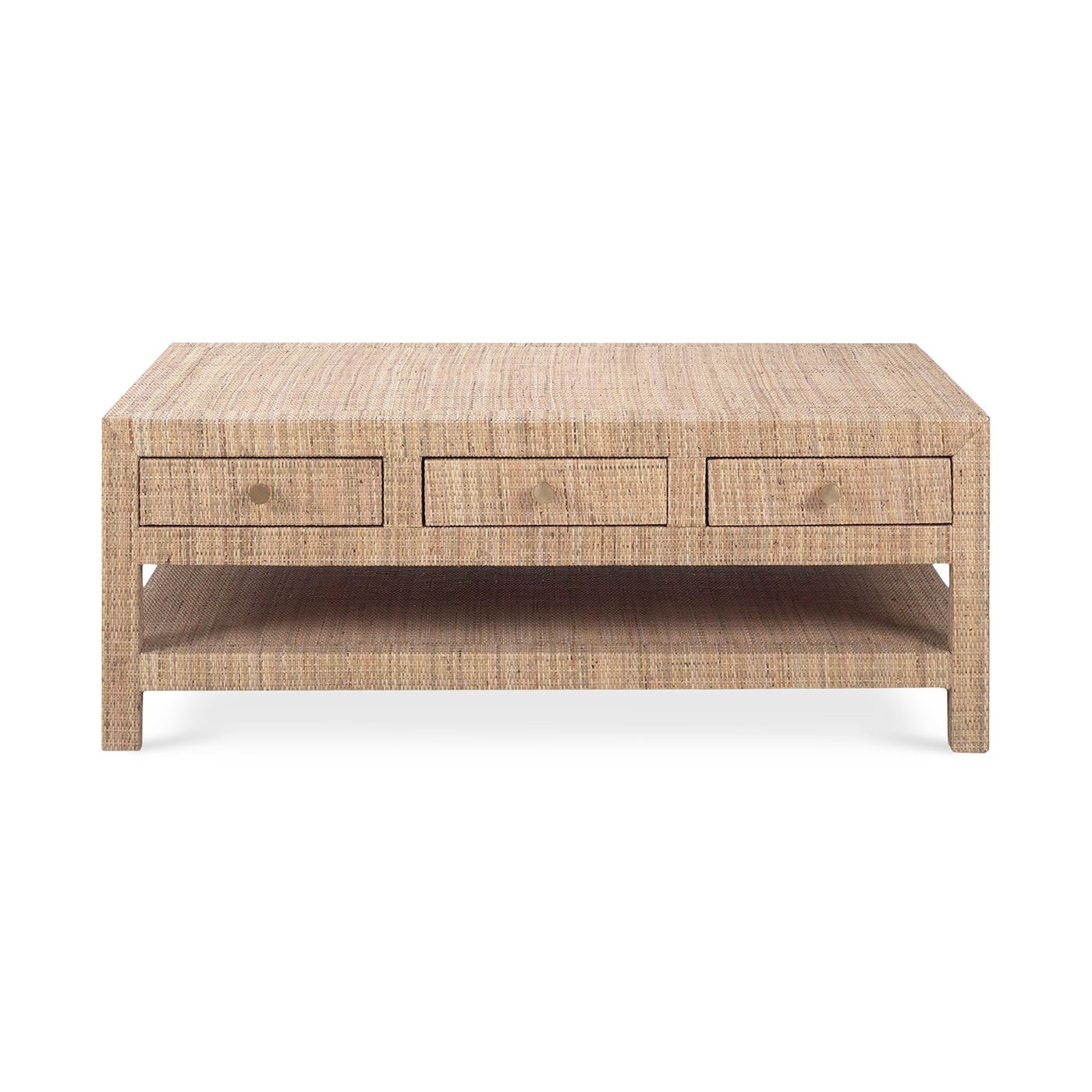 Front view of natural rattan coffee table, closed drawers.