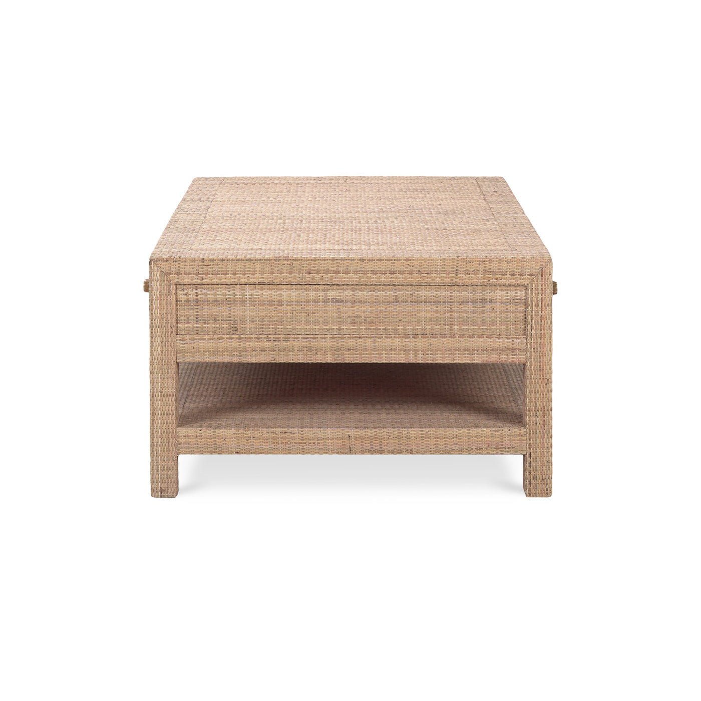Side view of natural rattan coffee table, showing structure.