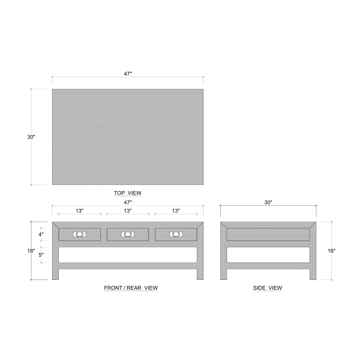 Diagram with dimensions of natural rattan coffee table.