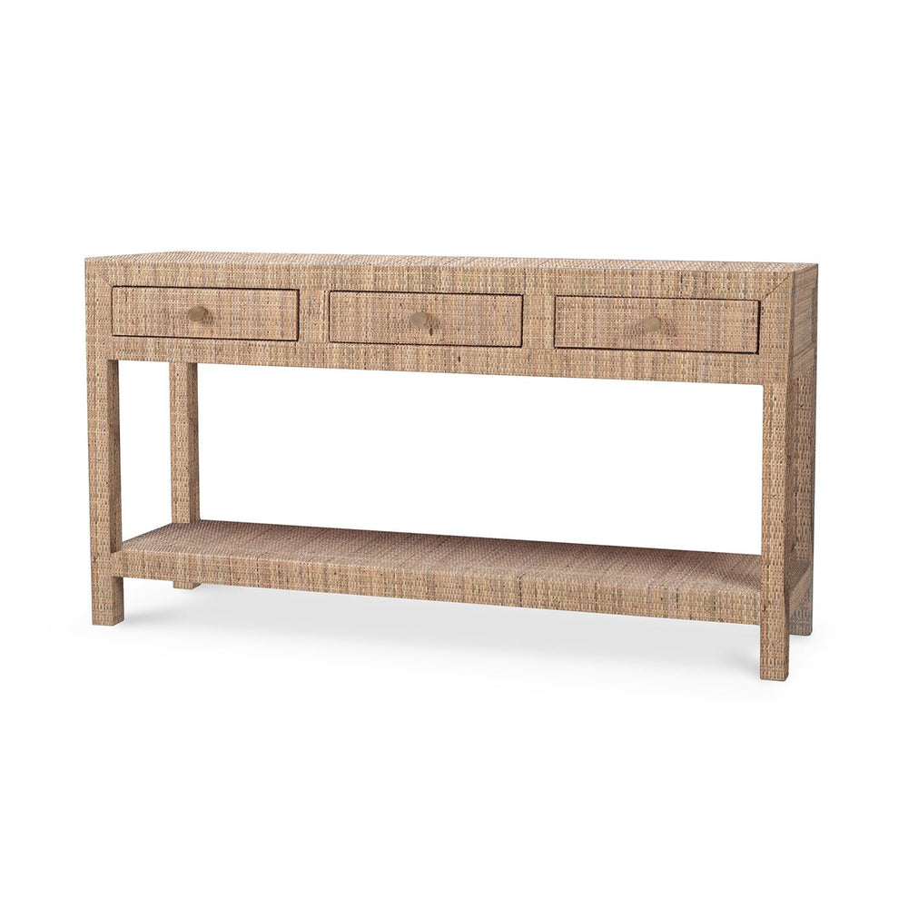 Natural rattan console table with three drawers.