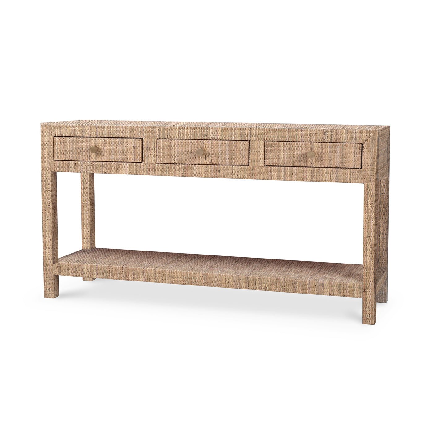 Natural rattan console table with three drawers.